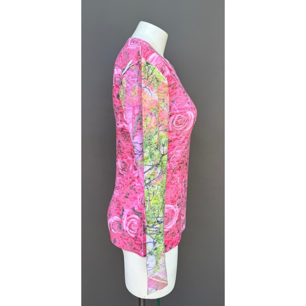 Whimsy Rose Pink Floral Knit Top Waffle Large Botanical Long Sleeve Cottagecore - Picture 4 of 13